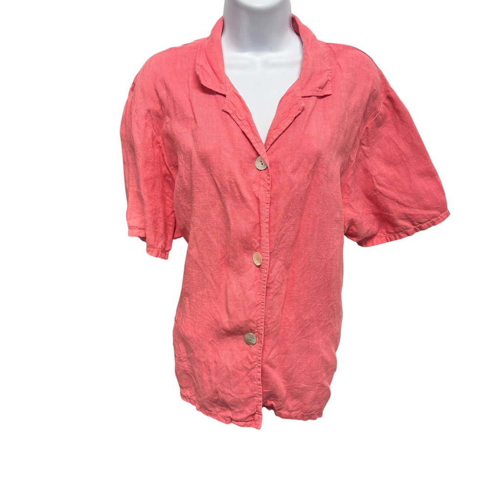 Heaven Womens XL Pink 100% Linen Short Sleeve Button Down Shirt USA VTG
